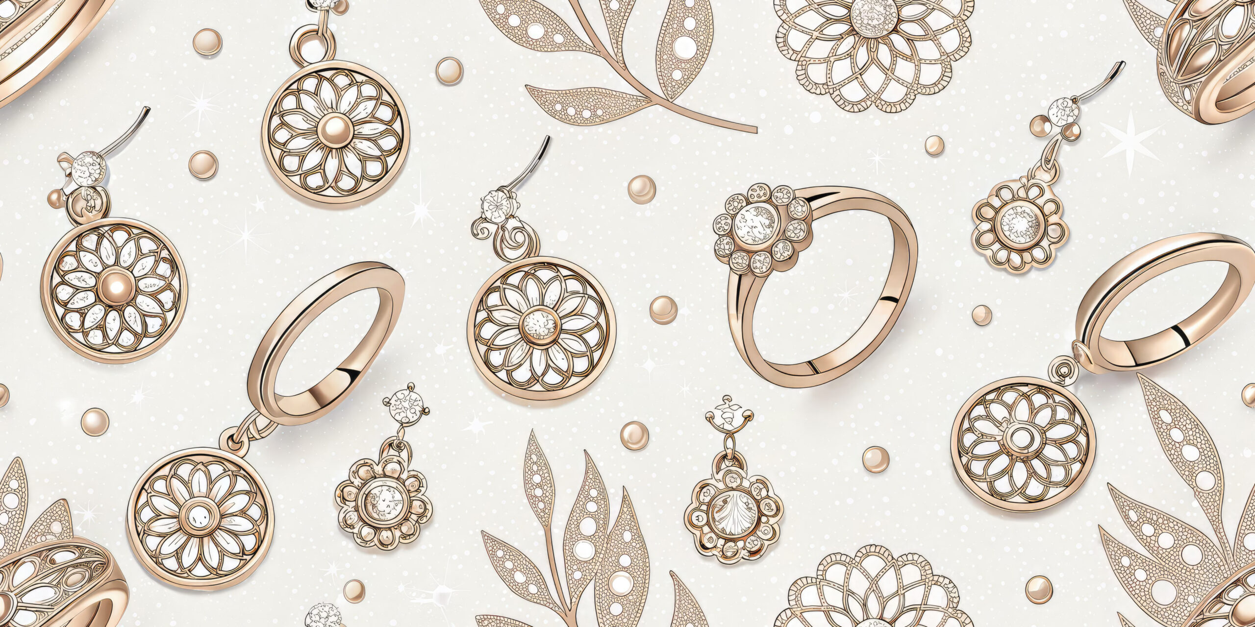 A collection of rose gold rings and earrings with floral designs. Jewelry set against a white backdrop with subtle sparkling effects.